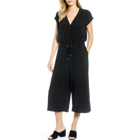 Eileen Fisher Wide-Leg Jumpsuit Size XS Tencel Crepe Cropped Tie Waist Black - Picture 1 of 13